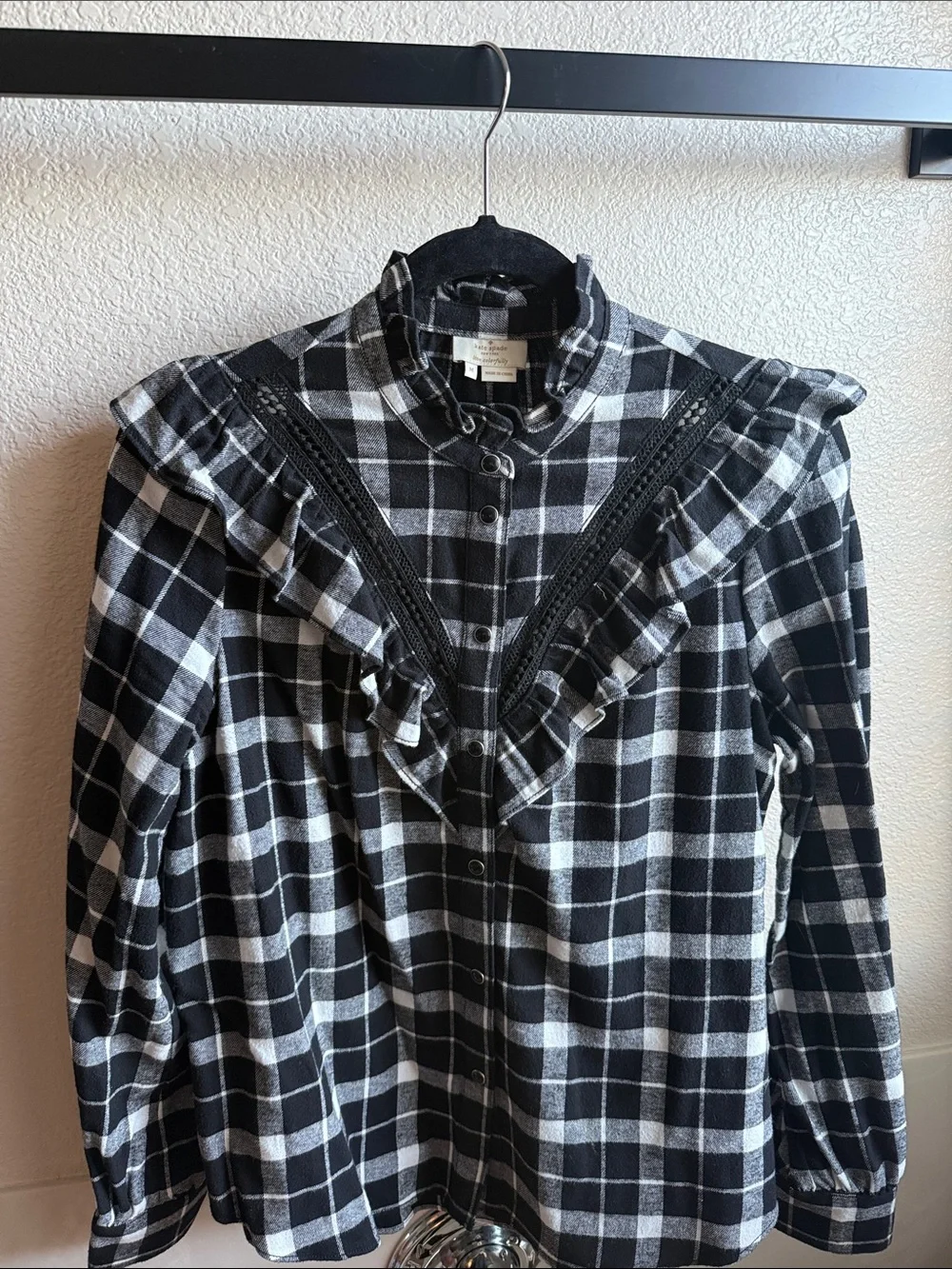 Kate Spade Live Colorfully Black Plaid Long Sleeve Button Up Shirt